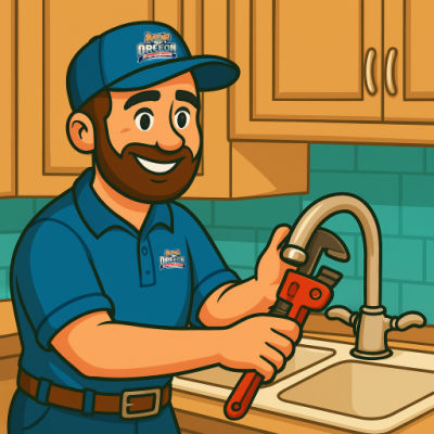 Cartoon image of a smiling Oregon Plumbing technician installing a kitchen faucet in a Newberg home. He wears a blue polo with the company logo and a cap, working in a modern kitchen with wood cabinets and teal tile backsplash.